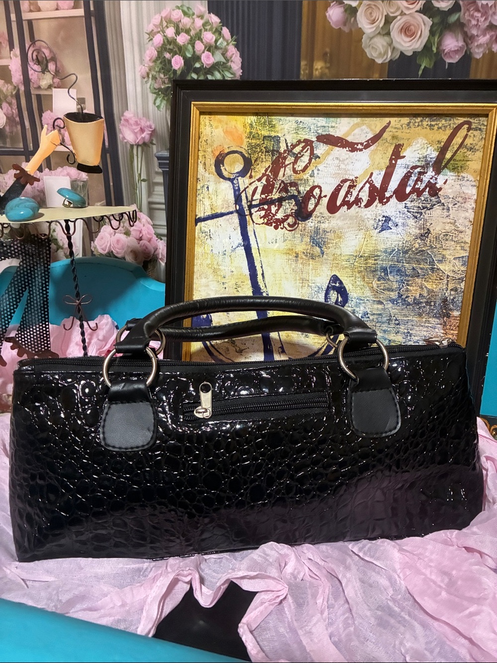 Black Patent Croc-Embossed Womens insulated lunch bag or wine bag